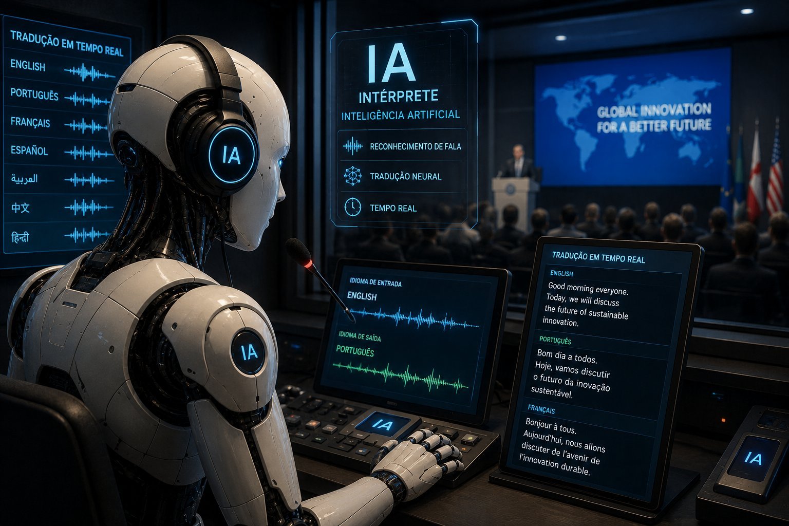 Posto de interpretação automática numa conferência: consola, formas de onda de áudio e ecrãs com a tradução em tempo real para inglês, português e francês.
