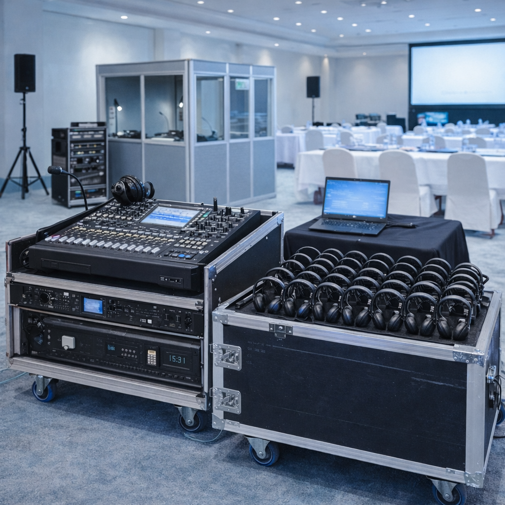 Técnico AV a operar reunião empresarial com tradução simultânea — Turnip Portugal